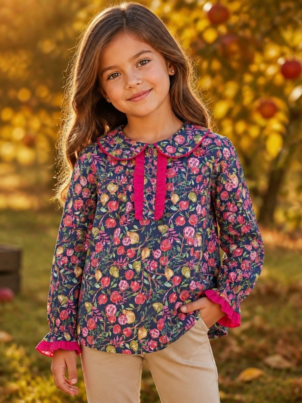 Girls' Navy Floral Long-Sleeve Top with Pink Trim